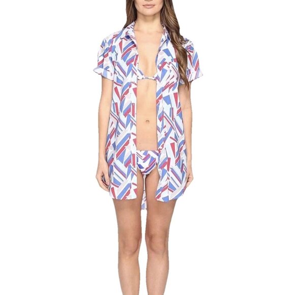 ONIA New Swim Cover-Up Shirt Dress Geo Print Button Pockets Cotton NWT Womens L - Picture 1 of 14